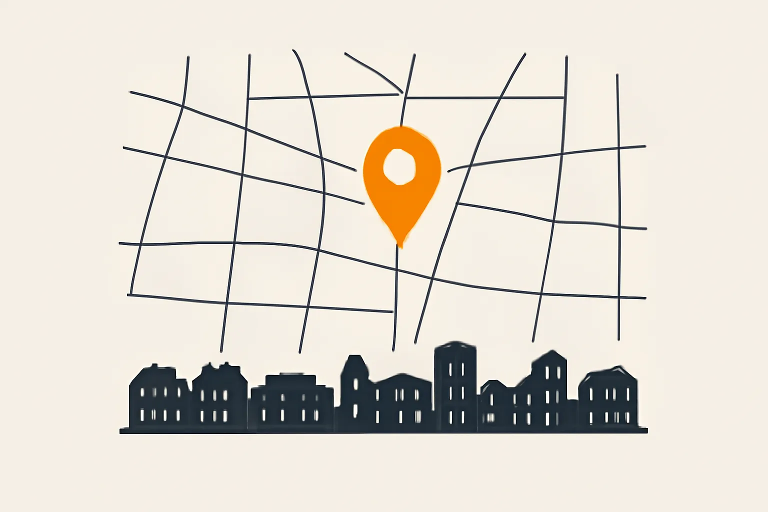 Map and location-pin motif over an abstract Berlin cityscape silhouette